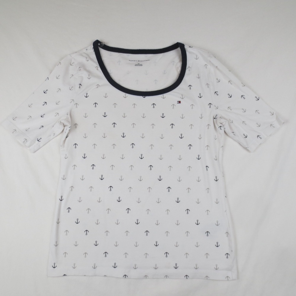 Tommy Hilfiger T Shirt Womens Small White Blue & Gray Anchors Short Sleeve Logo
